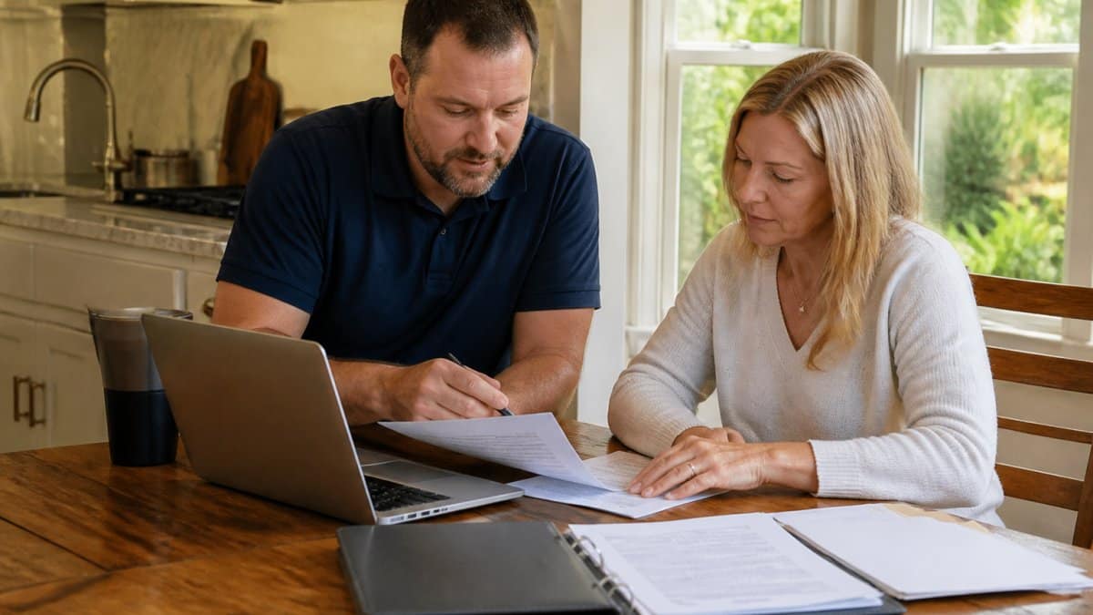 A homeowner and a licensed public adjuster reviewing insurance claim documents together at a kitchen table, with a laptop and paperwork spread out, warm natural light coming through a window