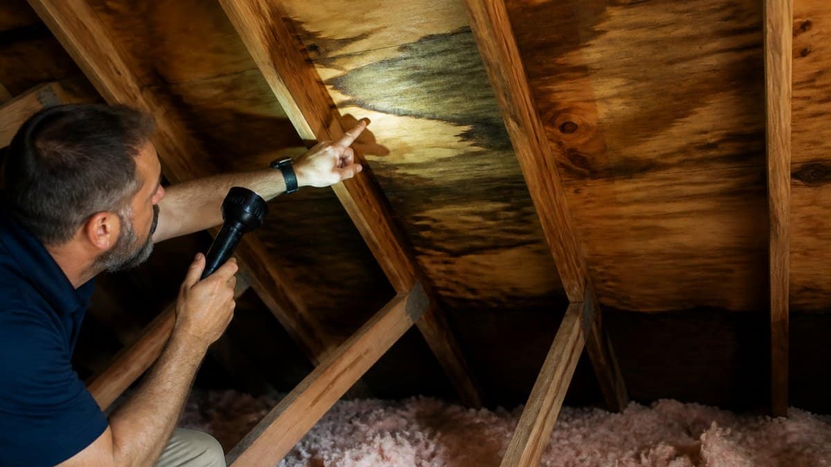 Homeowner using a flashlight to inspect dark water stains on attic rafters for a hidden roof leak