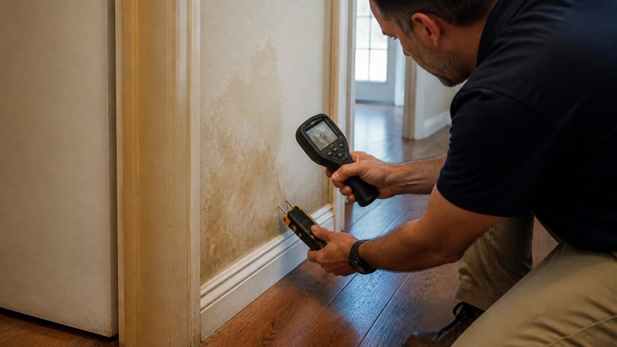 Homeowner using a moisture meter and thermal camera to inspect a wall for hidden water damage in a dim hallway
