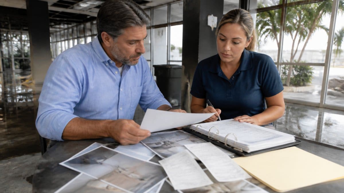 A commercial property owner and a public adjuster reviewing a folder of damage photos, receipts, and claim paperwork on a table inside a damaged storefront