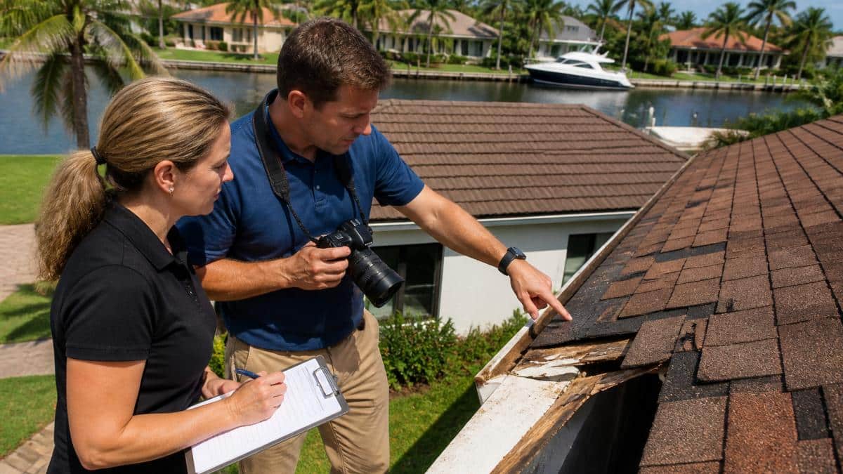 Homeowner and windstorm claim adjuster inspecting a damaged roof edge in South Florida