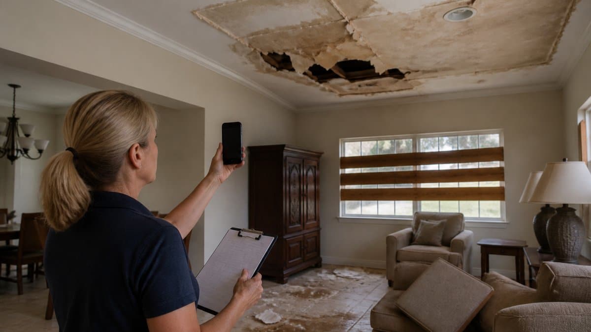 A homeowner in a storm-damaged living room holding a clipboard and smartphone, photographing a water-stained ceiling with sagging drywall and scattered furniture, daylight through a boarded window