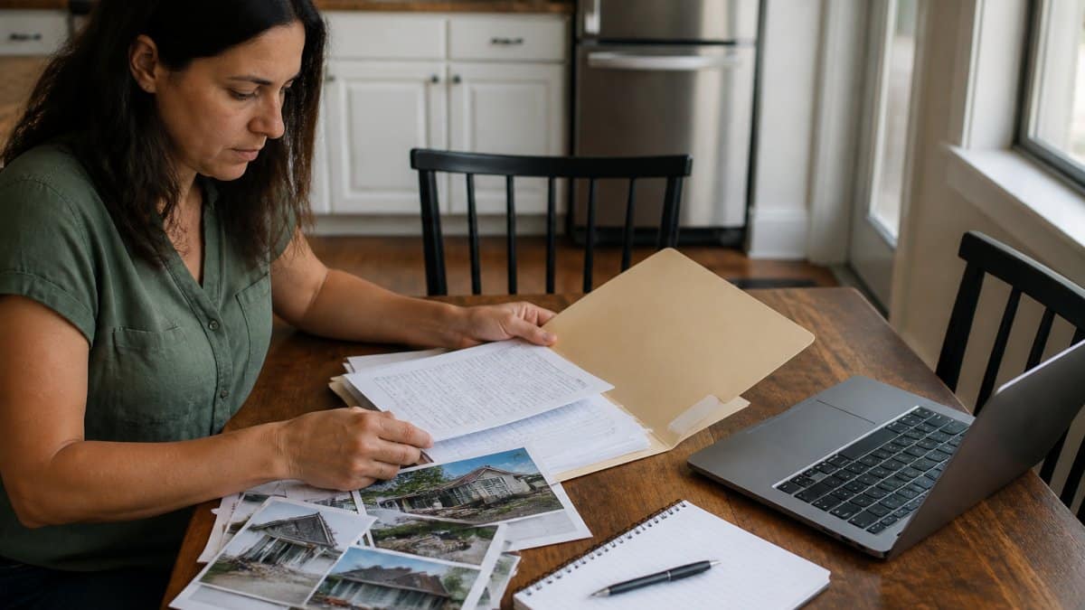A homeowner at a kitchen table organizing claim paperwork, photos of storm damage, and a notebook into a folder, with a laptop open nearby